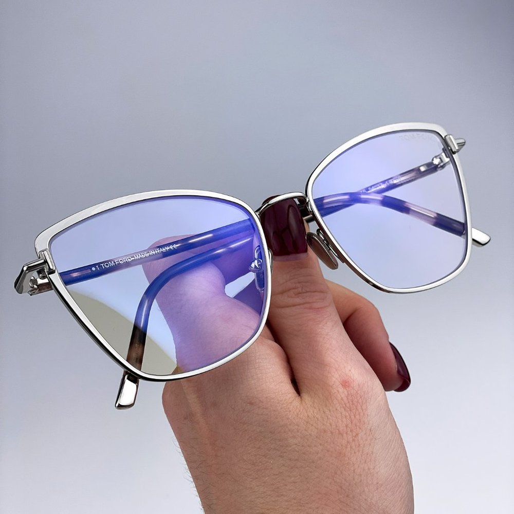 Tom Ford FT5740-B 016 Eyeglasses Shiny Palladium Blue Block Women Cat Eye
